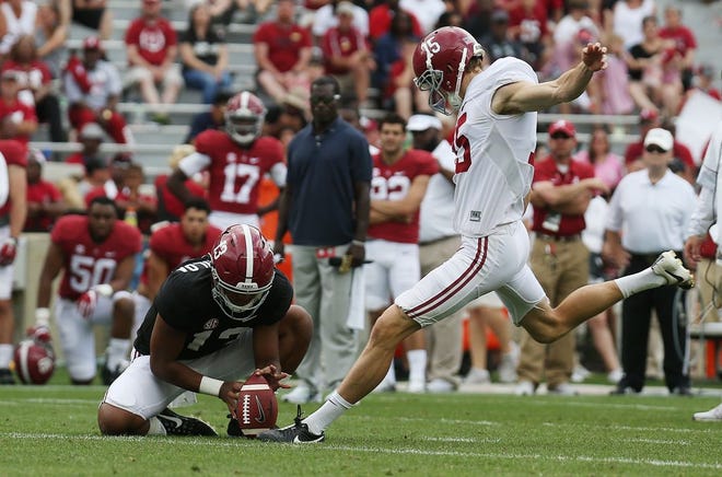White punter J.K. Scott (15) kicks a field goal during the annual Alabama A-Day game at Bryant-Denny Stadium in Tuscaloosa Saturday, April 22, 2017.  [Staff Photo/Erin Nelson]
