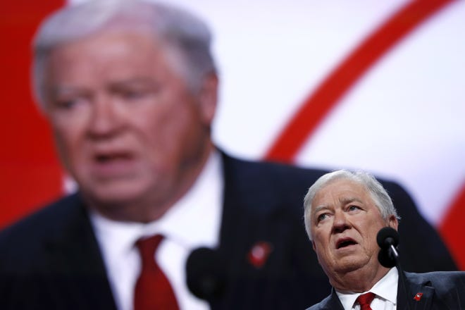 FILE - In a July 18, 2016 file photo, former Mississippi Gov. Haley Barbour speaks during first day of the Republican National Convention in Cleveland. [AP Photo/Carolyn Kaster, File]