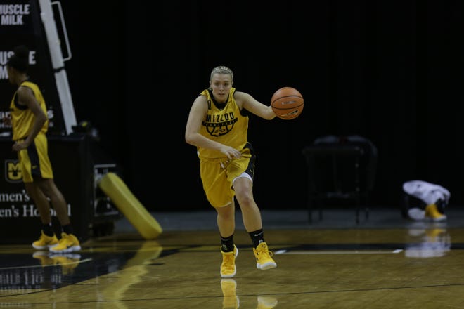Freshman Haley Troup carries the ball up the court during a practice with the Missouri women's basketball team. Troup, who transferred after originally committing to South Carolina, will be eligible to play next season. [Photo courtesy Missouri Athletic Department]