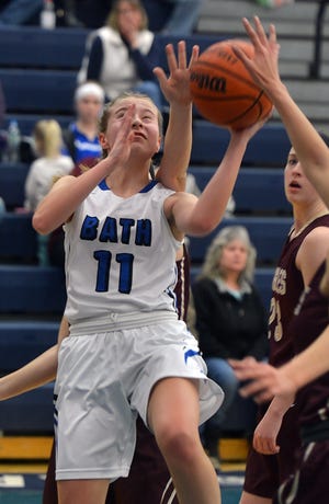 Bath guard Morgan Burns goes up strong to the basket against Wayland-Cohocton. [ERIC WENSEL/THE LEADER]
