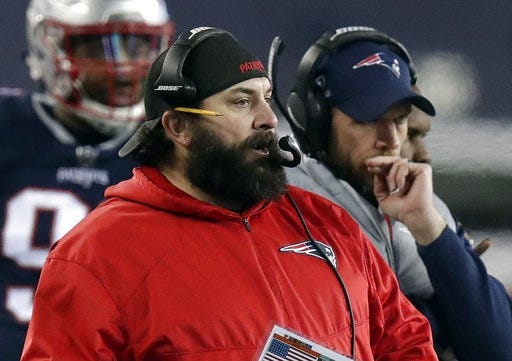 Patriots defensive coordinator Matt Patricia, shown watching during the AFC championship game against the Jaguars on Jan. 21, is very well regarded by the team's players including cornerback Malcolm Butler. [AP File Photo/Charles Krupa]