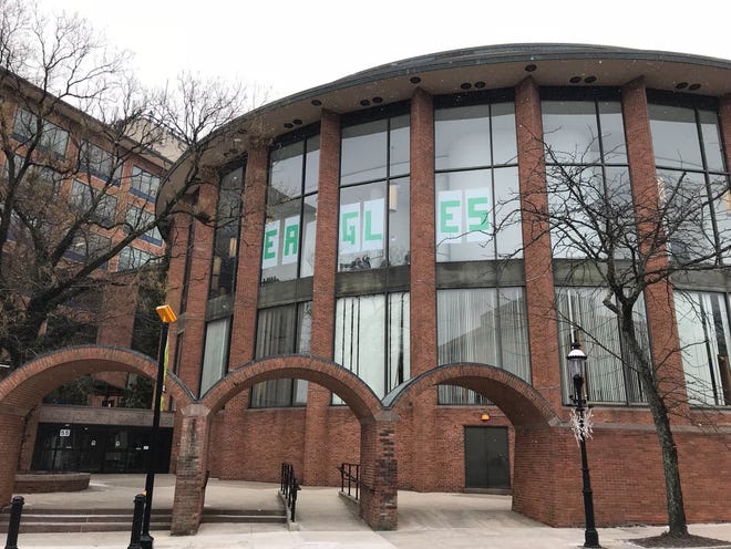 Even the folks at the former Bucks County Courthouse in Doylestown Borough got in on the Eagles mania this week, and posted these signs in the windows of the rotunda. [Courtesy of Paul Lang]