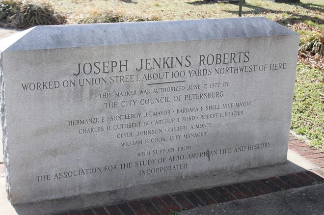The historical marker for Joseph Jenkins Roberts, a Petersburg resident who became the first President of Liberia, on Feb. 2, 2018. The marker would be a stop on a proposed trail that the Petersburg Preservation Task Force is looking to put together. [John Adam/progress-index.com]