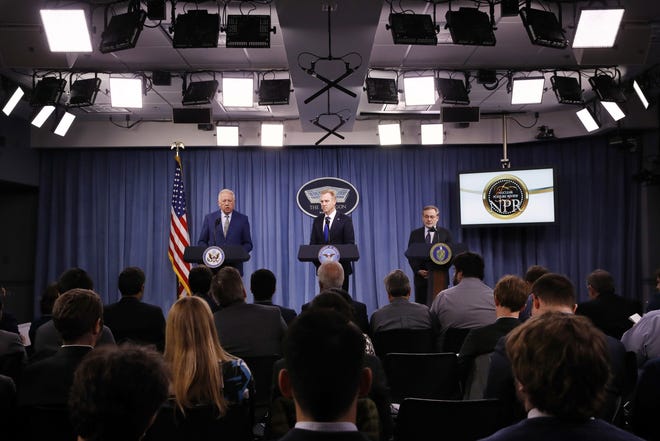 Under Secretary of State for Political Affairs Thomas Shannon (left), Deputy Defense Secretary Patrick Shanahan, and Deputy Energy Secretary Dan Brouillette lead a news conference on the 2018 Nuclear Posture Review, at the Pentagon on Friday, Feb. 2, 2018. [Jacquelyn Martin/The Associated Press]