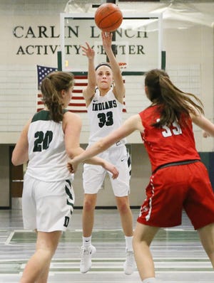 Dartmouth's Laura Mendell lets go a three point shot giving her 15 points in Friday evening's game against Barnstable. Laure now needs seven more points to give her 1,000 for her career. [MIKE VALERI/THE STANDARD-TIMES/SCMG]