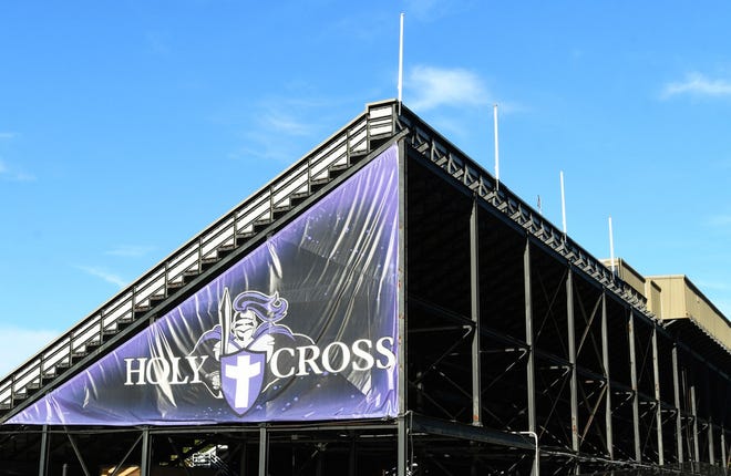 The College of the Holy Cross mascot, the Crusaders, is seen in October at the football stadium. [T&G File Photo]
