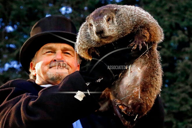 In this Feb. 2, 2017, file photo, Groundhog Club handler John Griffiths holds Punxsutawney Phil, the weather prognosticating groundhog, during the 131st celebration of Groundhog Day on Gobbler's Knob in Punxsutawney, Pa. Punxsutawney Phil’s handlers announced Friday that Phil is predicting six more weeks of winter.