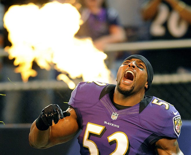 FILE - In this Aug. 17, 2012, file photo, Baltimore Ravens linebacker Ray Lewis reacts as he is introduced before an NFL preseason football game against the Detroit Lions in Baltimore. Lewis was elected to the Pro Football Hall of Fame on Saturday, Feb. 3, 2018. (AP Photo/Nick Wass, File)