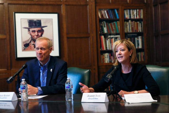 FILE - In this Jan. 29, 2018 file photo, Republican Gov. Bruce Rauner and primary challenger state Rep. Jeanne Ives, meet with the Chicago Tribune Editorial Board in Chicago. (Jose M. Osorio/Chicago Tribune via AP File)/Chicago Tribune via AP)