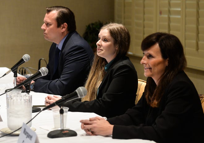 District 72 state House seat candidates, from left, James Buchanan, Alison Foxall and Margaret Good participate in a forum on Siesta Key on Monday. [Herald-Tribune staff photo / Dan Wagner]