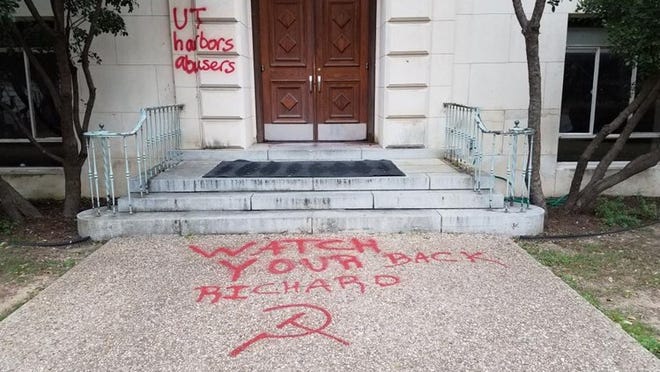 University of Texas police are investigating graffiti that was discovered at the School of Pharmacy’s building Monday morning. Photo: Courtesy of the Revolutionary Student Front - Austin.