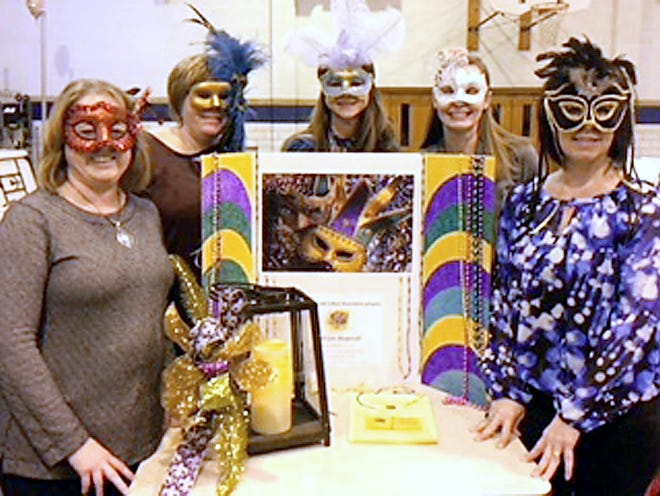 St. Paul School Home and School Association, Salem, will host a Mardi Gras Masquerade Social Evening and Dinner on Saturday, Feb. 10 at Courtney’s Banquet Center. Pictured from left are Beckie Brown, Stacey Beck, Julie Sell, Katie Yakubek and Amy Arcuri.