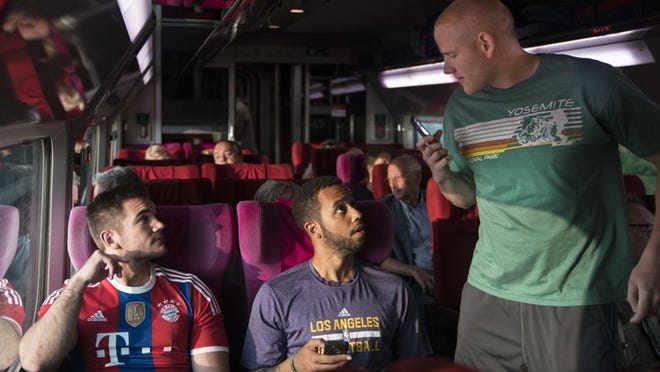 Spencer Stone, from left, Anthony Sadler and Alex Skarlatos play themselves in “The 15:17 To Paris.” Contributed by Warner Bros. Pictures