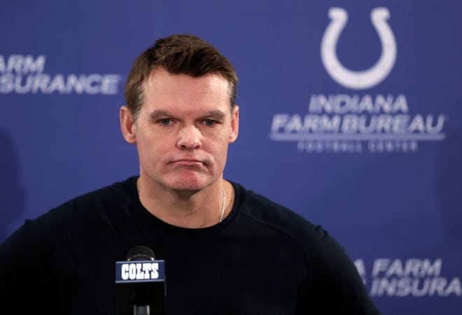 Indianapolis Colts general manager Chris Ballard answers questions during a press conference at the NFL football team's practice facility in Indianapolis, Wednesday, Feb. 7, 2018. (AP Photo/Michael Conroy)