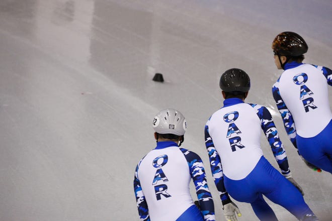 Speed skaters and other athletes from Russia who cleared drug testing still can't officially represent Russia at the 2018 Winter Olympics, so they're wearing uniforms with an OAR logo: Olympic Athlete from Russia. [AP Photo/Jae C. Hong]