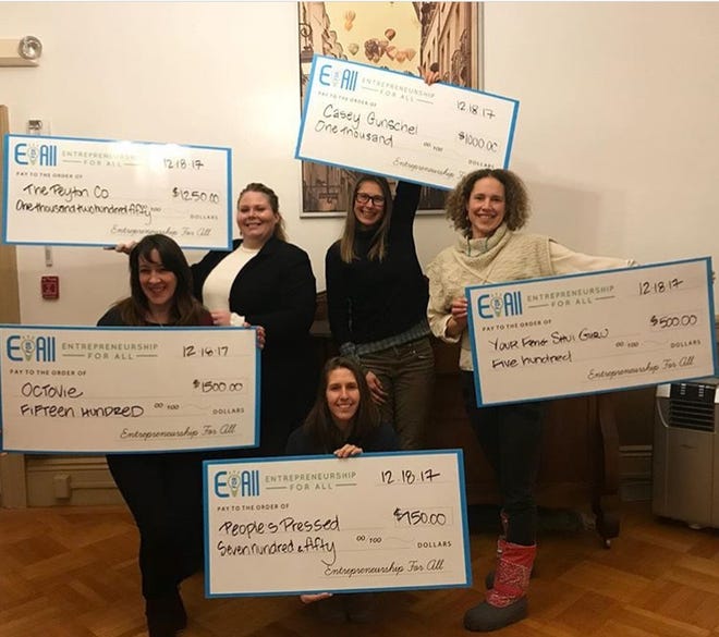 Five local business owners who participated in Entrepreneurship For All's Business Accelerator program, including two from Dartmouth, recently received some funding help. From left, standing: Pamela Auger Thornton, owner of Octovie; Natalie Thompson, owner of The Peyton Company; Casey Gunschel of Casey Gunschel Design; and Dartmouth's Megan Pogash of Your Feng Shui Guru. Kneeling in front is Dartmouth's Amanda Desrosiers, owner of People's Pressed. [SUBMITTED]