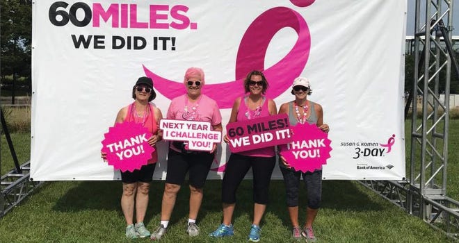 The Cup Crusaders after completing all 60 miles in Philadelphia last year. Pictured are Zenaide Percuoco, Kathy DiRusso, Tara Manzello and Denise Dinsmore, co-captain and breast cancer survivor. SUBMITTED PHOTO