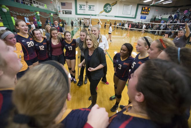 Former Belvidere North coach Nicole Miller, pictured here talking with her players after beating Boylan on Thursday, Oct. 20, 2016, at Boylan High School in Rockford, led to the Blue Thunder to their first ever conference titles in back-to-back years. [MAX GERSH/RRSTAR.COM]