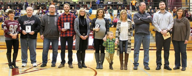 HOF: Kristina Frank, Brandon Ratcliff, Brock Adcock, Tawnie McGann and Dan “Boo” Semtner were inducted into the Illinois Valley Central High School Athletic Hall of Fame. HOF inductees are, from left: Accepting for their son, Brandon, are his parents, stepmom, Denna, and father, Mike; accompanying Brock Adcock are his parents, Dan and Kelly; standing with Tawnie McGann are her son, Blayne, and mother, Lisa; Dan Semtner accepted his award with his parents, Rob and Angie. Along with Brandon, Kristina Frank was unable to attend the ceremony.