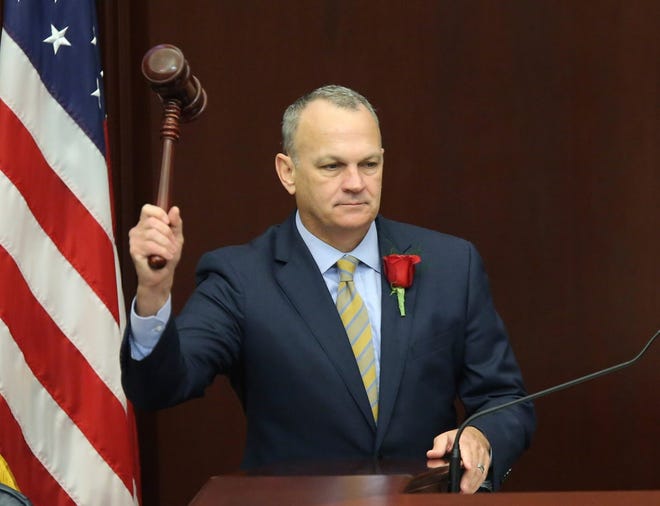 Florida House Speaker Richard Corcoran, R-Land O'Lakes, pounds the gavel to start the first day of legislative session on Jan. 9 in Tallahassee. [AP Photo/Steve Cannon]