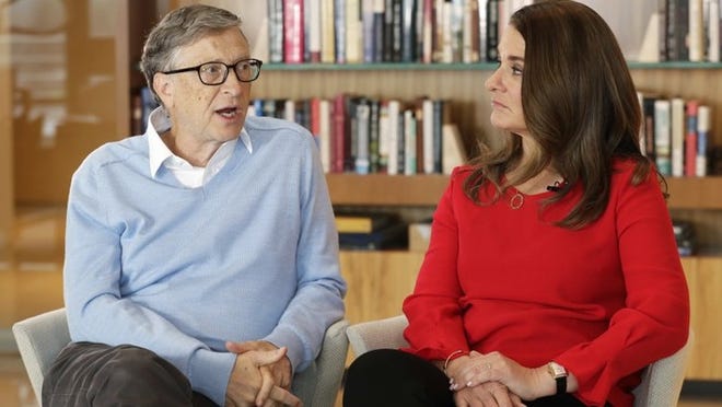 Microsoft co-founder Bill Gates and his wife Melinda take part in an interview with The Associated Press in Kirkland, Wash. Gates and his wife, heads of the Bill and Melinda Gates Foundation, are rethinking their work in America as they confront what they consider an unsatisfactory track record, the country’s growing inequity and a president they disagree with more than any other. (AP Photo/Ted S. Warren)