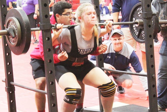 Jessica Ebeling takes her turn in the squat competition last Thursday at the Glen Rose Invitational Powerlifting meet. She placed third in her weight class, helping the Honeybees finish second in the overall girls team standings.