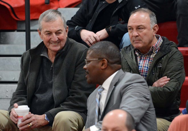 NORWICH 2-13-2018 Former UConn basketball coach Jim Calhoun, left, attended the NFA East Lyme game Tuesday in Norwich. [John Shishmanian/ NorwichBulletin.com]