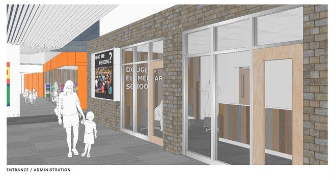 An artist's rendering of planned improvements and renovations to the entrance of Saugatuck Public Schools' Douglas Elementary. The district is asking for $50.7 million bond in the May 2018 election in order to make the renovations a reality. [Contributed]