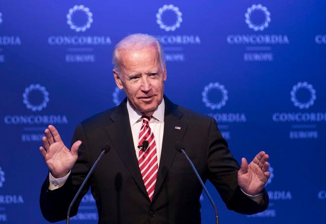 In this June 7, 2017, file photo, former U.S. Vice President Joe Biden speaks during a conference in Athens. Biden is tiptoeing toward a potential run in 2020, even broaching the possibility during a recent gathering of longtime foreign policy aides. Huddled his newly opened office steps from the U.S. Capitol, Biden opened a planning meeting for his new diplomacy center by addressing the elephant in the room. He said he was keeping his 2020 options open, considering it a real possibility.