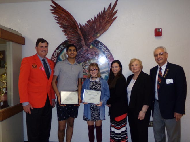 Spruce Creek High School students for the month of February pictured from left, Principal Todd Sparger, Abdullah Afridi of Ormond Beach, Hannah Young of Edgewater; Louise Lautain, Carrie Cappiello and Paul Leonard. [Photo provided]