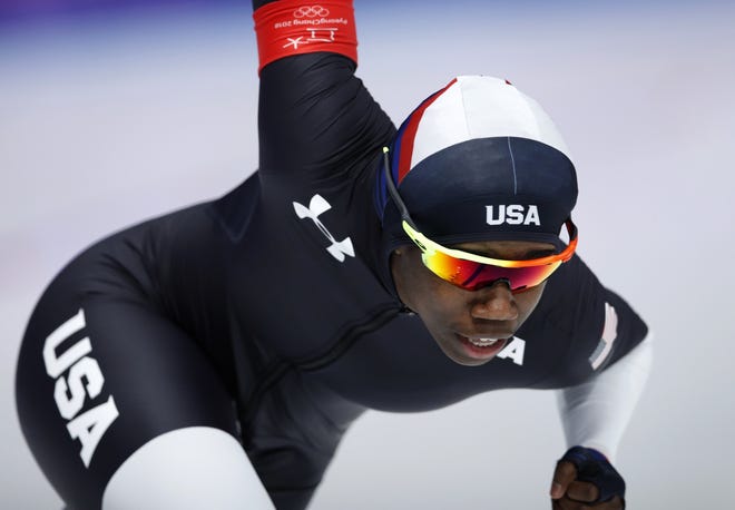 Erin Jackson of the U.S. competes during Sunday's women's 500 meters speedskating race at the Gangneung Oval at the 2018 Winter Olympics. Jackson competed at Jacksonville Roller Derby before qualifying for the U.S. speed skating team. (AP Photo/Vadim Ghirda)