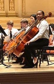 Kayla Simone Allen of Chesterfield on stage at Carnegie Hall in New York City on February 4, 2018. The CodeRVA sophomore, who plays cello, was selected to participate in the Honors Performance Series at Carnegie Hall. The series features high school musicians selected from an international pool of applicants. [Contributed Photo]
