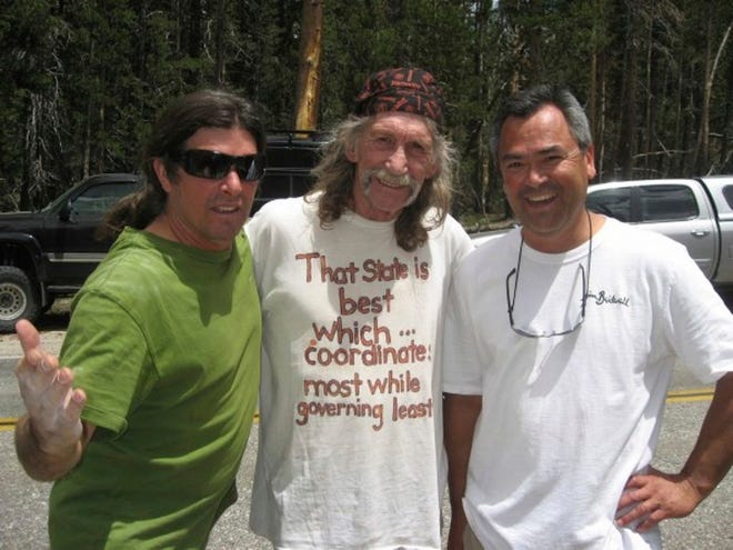 A 2015 photo provided by Ron Gomez shows climbers Ron Kauk, from left, Jim Bridwell, and Ron Gomez in Tuolumne Meadows in Yosemite National Park, Calif. Bridwell, a hard-partying hippie and legendary climber who lived his life vertically on some of the toughest peaks in Yosemite National Park, has died at age 73. Bridwell died Friday, Feb. 16, 2018, at a hospital. He had liver and kidney failure from hepatitis C that he may have contracted in the 1980s when he got a tattoo from a headhunting tribe in Borneo, his wife, Peggy Bridwell of Palm Desert, told The Associated Press on Saturday.