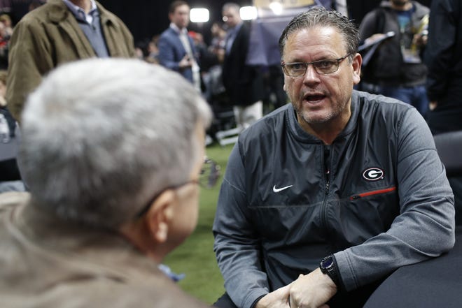 Georgia offensive line coach Sam Pittman speaks with the media during Georgia´s media day ahead of the NCAA National Championship Game in Atlanta, Saturday, January 6, 2018. (Joshua L. Jones/Athens Banner-Herald)