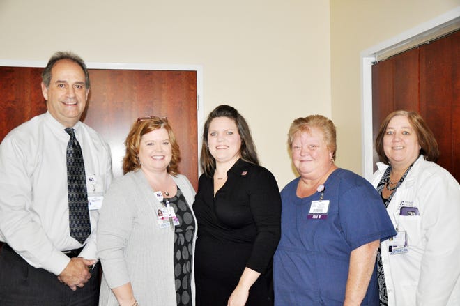 Pictured are Novant Health Thomasville Medical Center President Jon Applebaum (from left), nurse manager Trisha Garner, Melody Hill, clincial unit leader Lanita Doub and chief nursing officer Nancy Pearson. [Contributed photo]