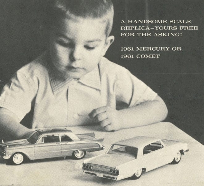 All of the new car dealerships back in the early 1960s used Jo-Han produced dealer “promo cars” in 1/24 scale as an incentive to visit the dealership and bring the family. Here, Mercury entices a prospective customer with this ad for the new 1961 Mercury Comet promo giveaway. [Compliments Ford Motor Company]