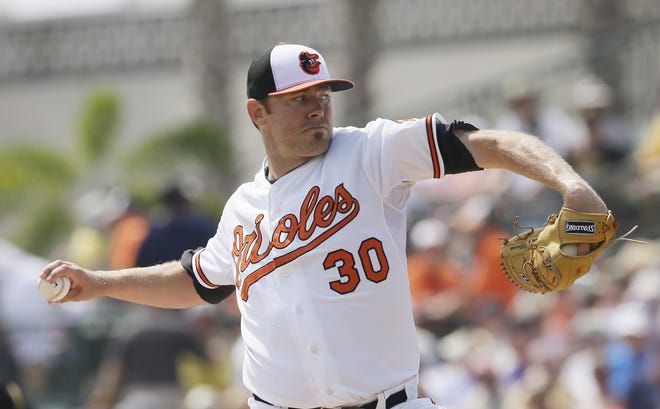 Orioles starting pitcher Chris Tillman throws a pitch during a spring training exhibition baseball game against the Pirates at Ed Smith Stadium in 2015. Hindered by shoulder issues, the 29-year-old started just 19 games last season, finishing 1-7 with a 7.84 ERA. [ASSOCIATED PRESS / FILE PHOTO]