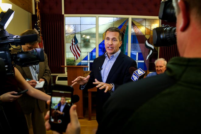 Missouri Gov. Eric Greitens answers questions from reporters Tuesday during his appearance at the Missouri Veterans Home in Mexico, Mo. Greitens in response to questions said taxpayers are not paying for his attorneys in a St. Louis circuit attorney's investigation of whether he blackmailed a woman with whom he had an affair. [Hunter Dyke/Tribune]