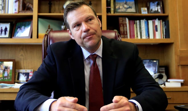 In this May 17, 2017, file photo, Kansas Secretary of State Kris Kobach talks with a reporter in his office in Topeka. Kobach, elected secretary of state in 2010, said the office’s budget had been slashed 34 percent under his watch, but other GOP candidates for governor dispute that claim. [2017 file photo The Capital-Journal]