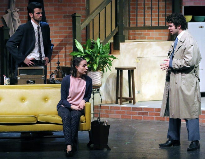 From left: AJ Ohlhaut, Cadie Pittman, and Connor Malloy practice their roles of Mike Talman, Suzy Hendrix and Carlino in the upcoming Abbey Players production of "Wait Until Dark." [BILL WARD/SPECIAL TO THE GAZETTE]