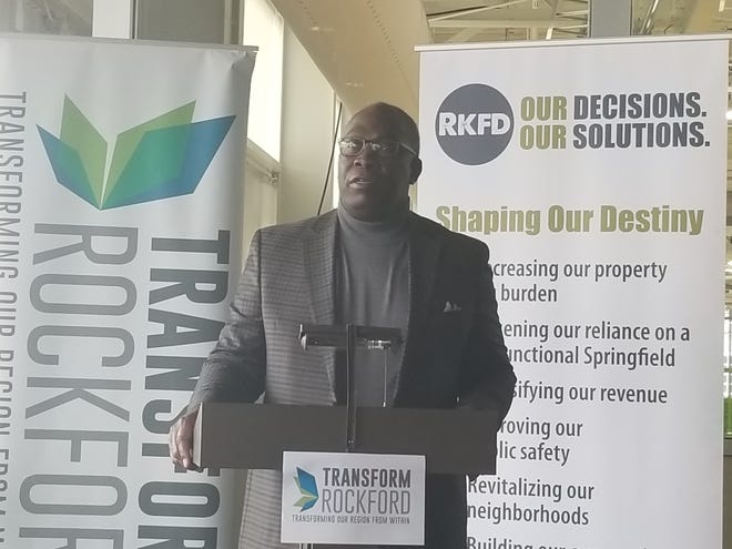 The Rev. Kenneth Board of Pilgrim Baptist Church urges voters to support the restoration of home rule authority in Rockford during a Transform Rockford news conference Wednesday, Feb., 21, 2018, to endorse a March 20 home rule referendum. [JEFF KOLKEY/RRSTAR.COM STAFF]