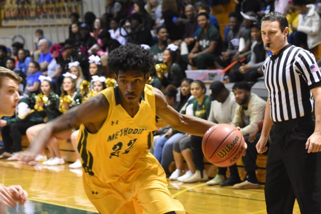 Methodist senior Davion Ayabarreno, from Jacksonville, was a first-team selection for the second straight season after averaging 18.9 points per game — fourth among USA South players. [METHODIST UNIVERSITY PHOTO]