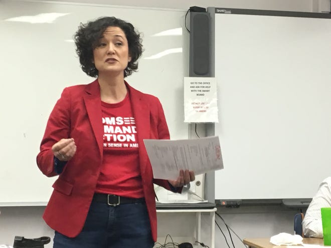 Cha Ron Sattler-Leblanc talks about Moms Demand Action for Gun Sense in America at Wednesday's meeting of the Ontario County Democratic Committee. [JULIE SHERWOOD/MESSENGER POST MEDIA]