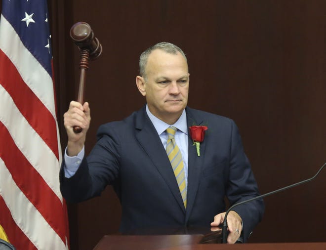 House speaker Richard Corcoran, R-Land O'Lakes, pounds the gavel to start the first day of legislative session Jan. 9 in Tallahassee. Corcoran called a criminal justice reform bill passed Thursday by the House "a game-changer." [AP archive / Steve Cannon]
