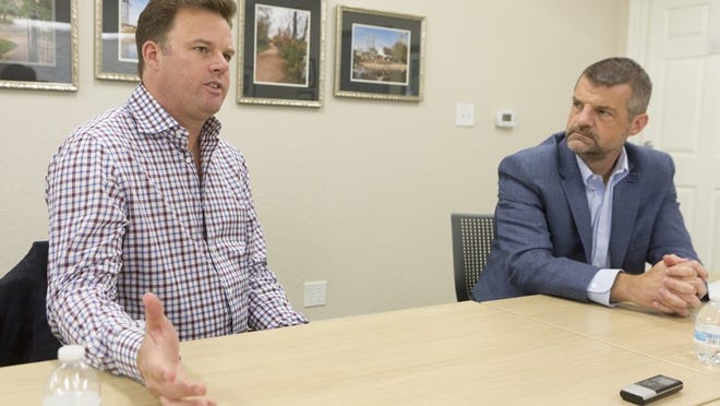 Columbus Crew owner Anthony Precourt, left, and Dave Greeley, president of Precourt Sports Ventures, speak about possibilities of moving the MLS franchise from Ohio to Austin during an interview in October. STEPHEN SPILLMAN/FOR AMERICAN-STATESMAN
