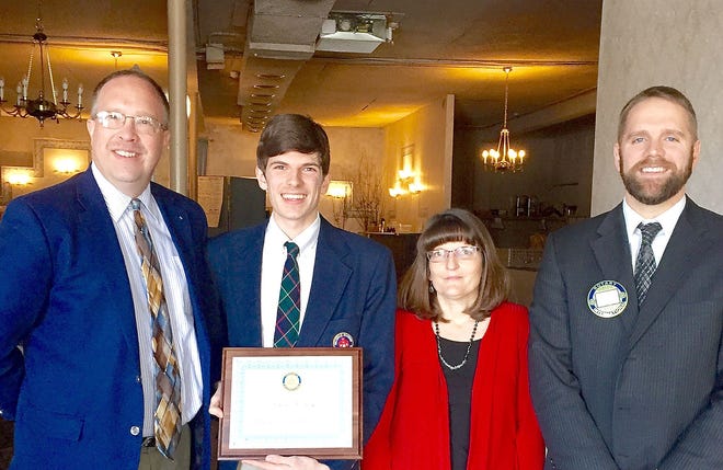 HIllsdale Academy senior Nicholas Rush was recently honored as the Hillsdale Rotary Club’s Student of the Month. He is pictured with Headmaster Kenneth Calvert (left), Sandra Rush, his mother and Rotarian Eric Potes. [COURTESY PHOTO]