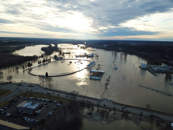 This photo taken by Josh Ferris of Flyovers by Ferris shows drone footage of flooding at the Ionia Free Fair fairgrounds in Ionia on Thursday, Feb. 22. [Courtesy/Josh Ferris - Flyovers by Ferris]