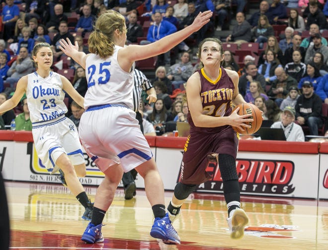 Stockton's Elizabeth Eisfeller drives for two points during the fourth period against Okaw Valley in the Class 1A girls basketball state semifinals on Friday, Feb. 23, 2018, at Redbird Arena in Normal. [ARTURO FERNANDEZ/RRSTAR.COM & THE JOURNAL-STANDARD STAFF]