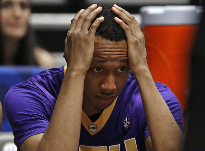 LSU's Tim Quarterman watches the final moments of the second half of a game against Texas A&M in the Southeastern Conference tournament on March 12, 2016, in Nashville, Tenn. Bank records and other expense reports said Quarterman, now playing for the Agua Caliente Clippers of the NBA G League, received at least $16,000 while a junior at LSU. [AP Photo / John Bazemore, File]