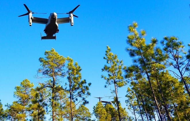 An MV-22 Osprey aircraft flies over Bladen Lakes State Forest. [Courtesy of North Carolina Forest Service]